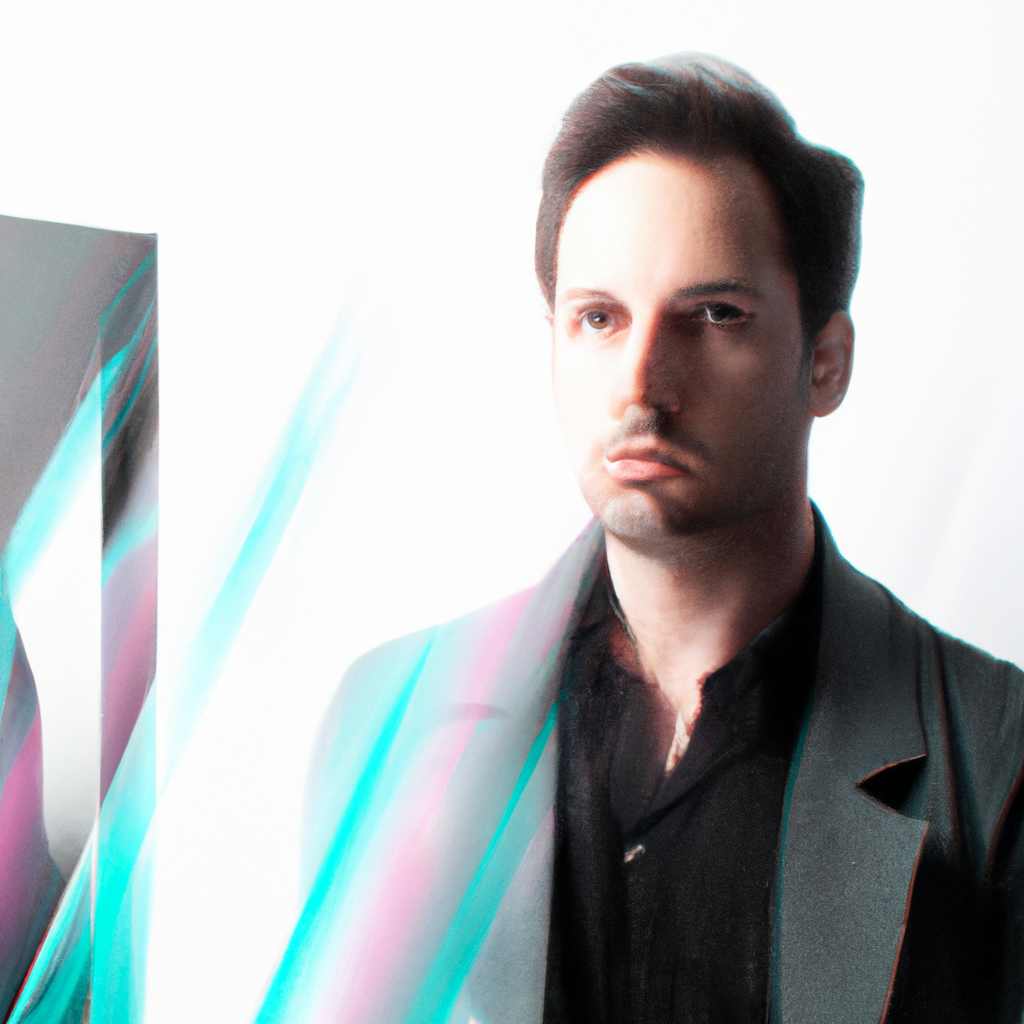 ディレクター山本のポートレート。ソフトキーライトとミニマル背景、EXIF風オーバーレイ