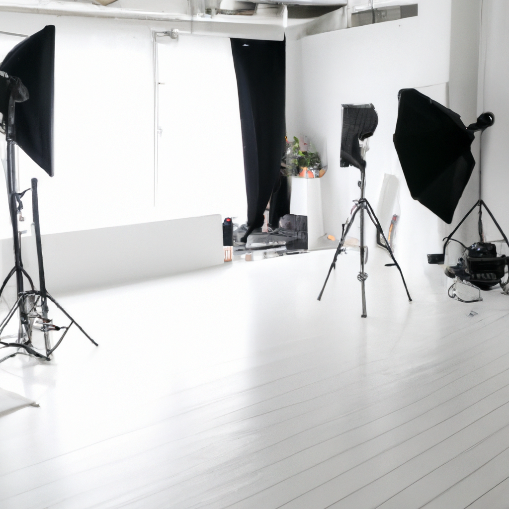 東京の白光スタジオ内観。白ホリゾント、CRI95+ LEDとストロボ、各種ソフトボックスが並ぶ設備の様子